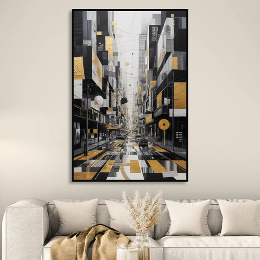 Urban Fragmented Elegance Black White and Gold Abstract Living Room - Black Canvas Wall Art