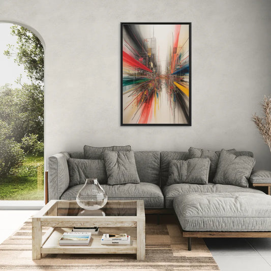 Urban Symphony Red Abstract - Living Room Black Frame Canvas