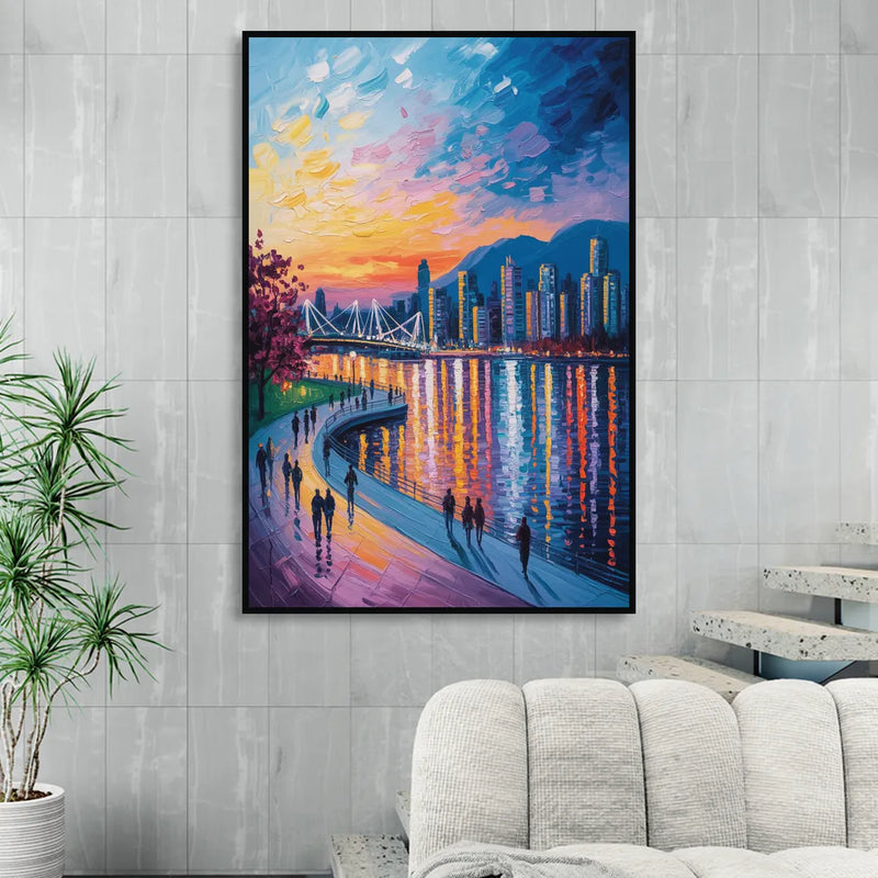 Vancouver Skyline at Dusk Sitting Room - Black Canvas Wall Art