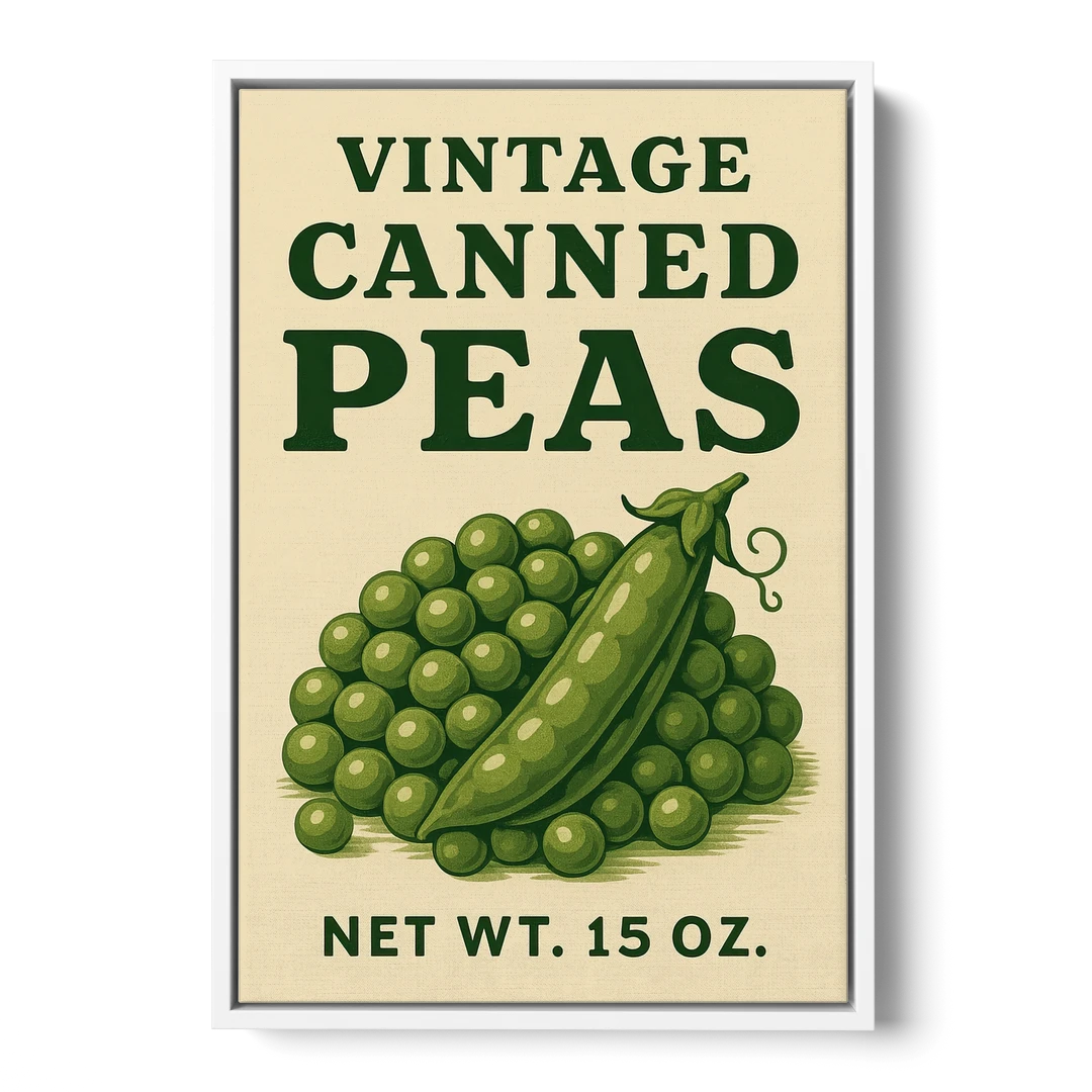Vintage Canned Peas - White Framed Canvas Wall Art - Front