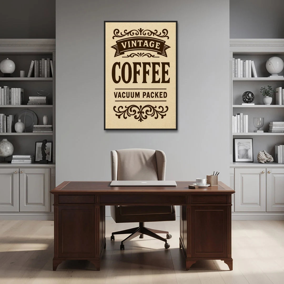 Vintage Coffee Vacuum Packed - Black Framed Canvas Wall Art - Office - 32x48