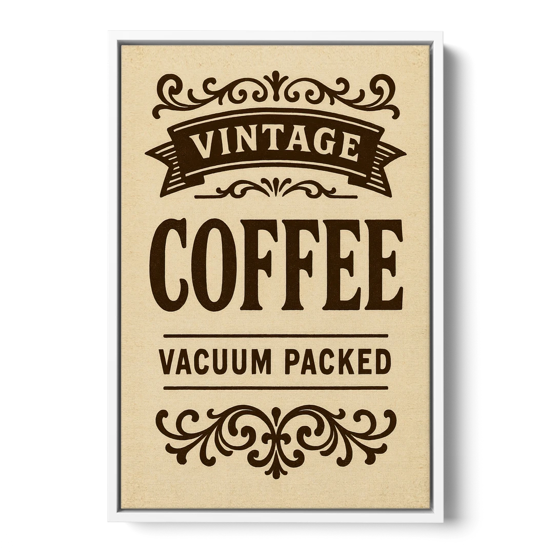 Vintage Coffee Vacuum Packed - White Framed Canvas Wall Art - Front