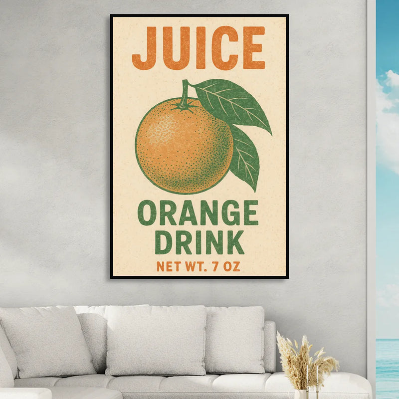 Vintage Orange Juice Drink Living Room - Black Canvas Wall Art