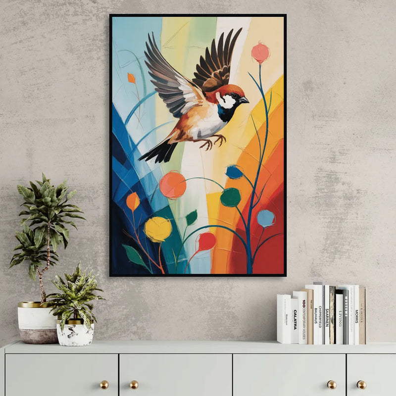 Vintage Sparrow Silhouette Living Room - Black Canvas Wall Art