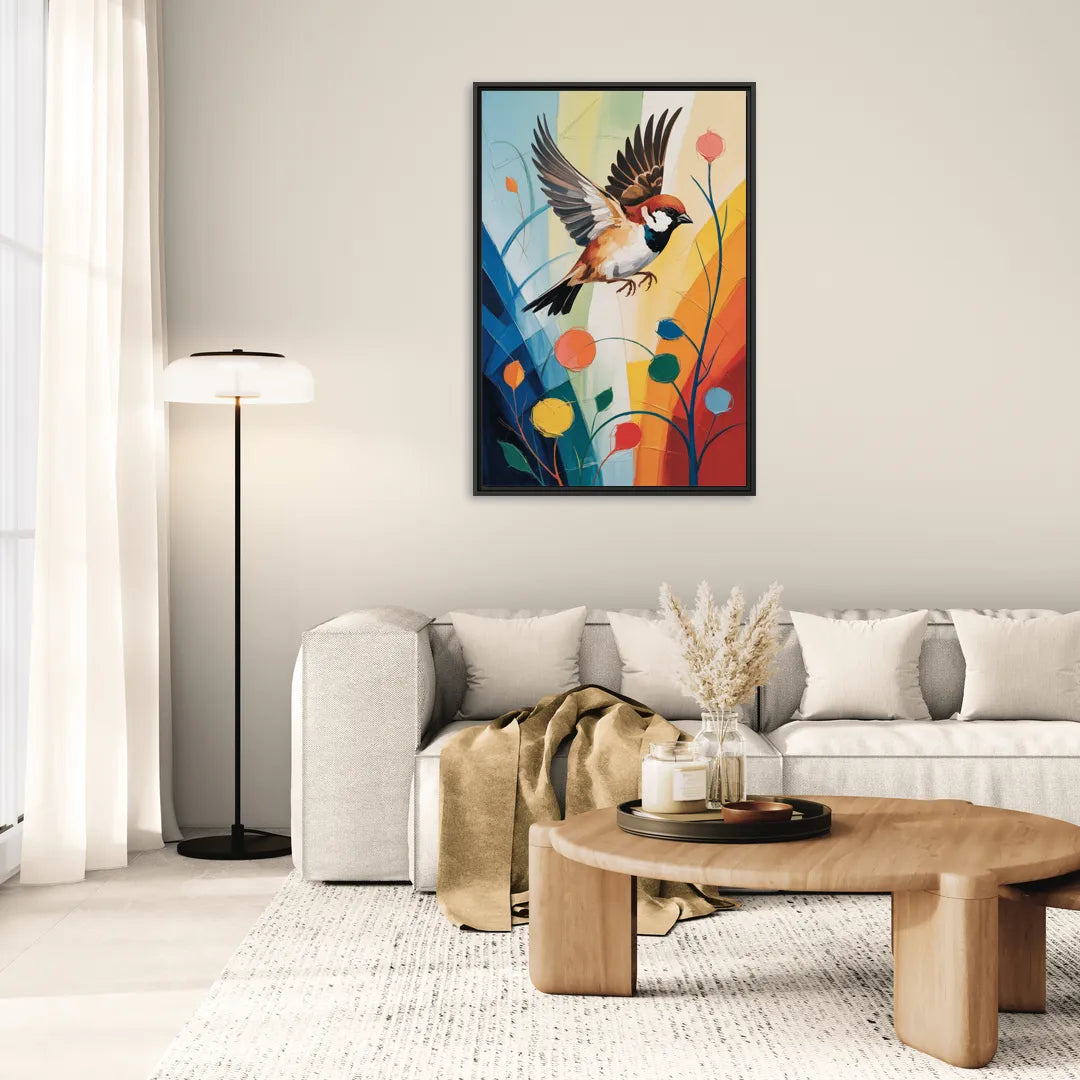 Vintage Sparrow Silhouette - Living Room Black Frame Canvas