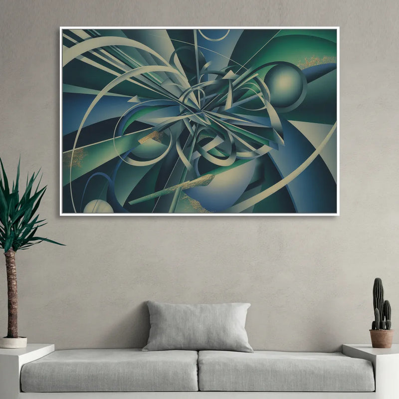 Vortex Elegance Blue and Green Abstract Living Room - White Canvas Wall Art
