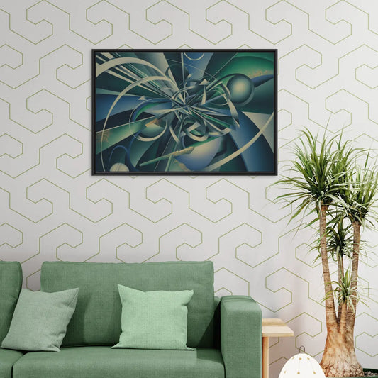 Vortex Elegance Blue and Green Abstract - Living Room Black Frame Canvas