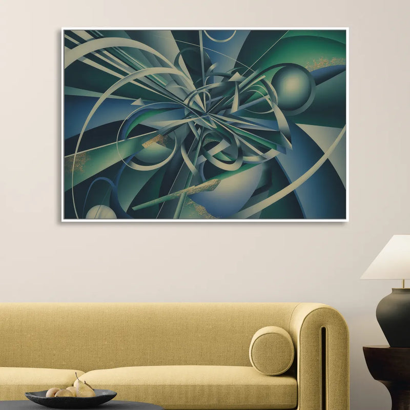 Vortex Elegance Blue and Green Abstract Sitting Room - White Canvas Wall Art