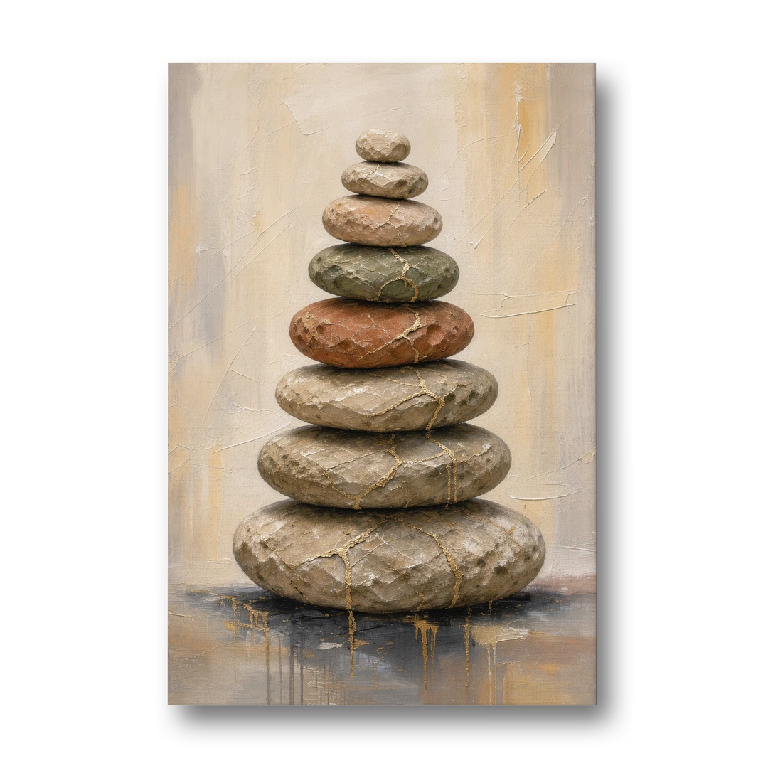 Wabi Sabi Gold-Seamed Stone Cairn - Canvas Wall Art - Front