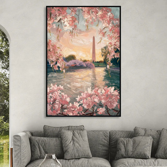 Washington DC Cherry Blossoms Living Room - Black Canvas Wall Art