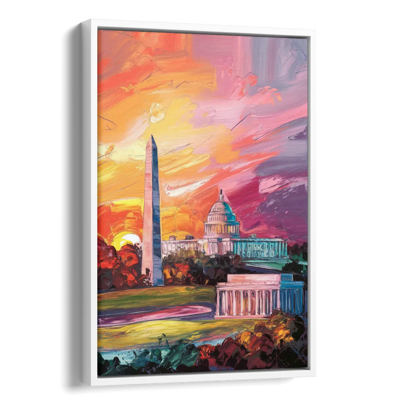 Washington DC Skyline Sunset Side - White Canvas Wall Art
