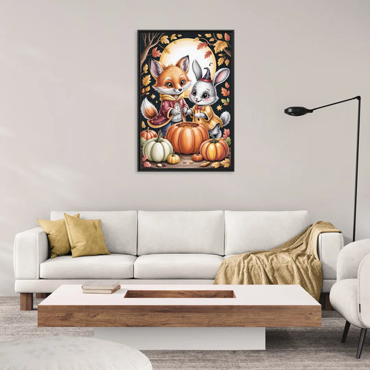 Whimsical Animals in Cute Halloween - Living Room Black Frame Canvas