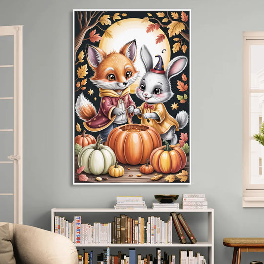 Whimsical Animals in Cute Halloween Living Room - White Canvas Wall Art