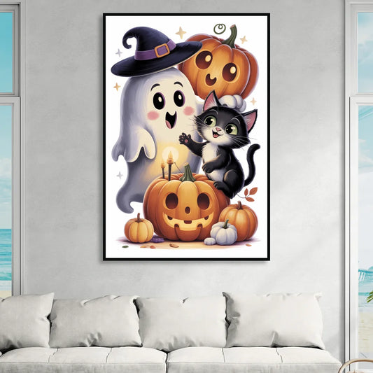 Whimsical Autumn Scene Cute Halloween Living Room - Black Canvas Wall Art