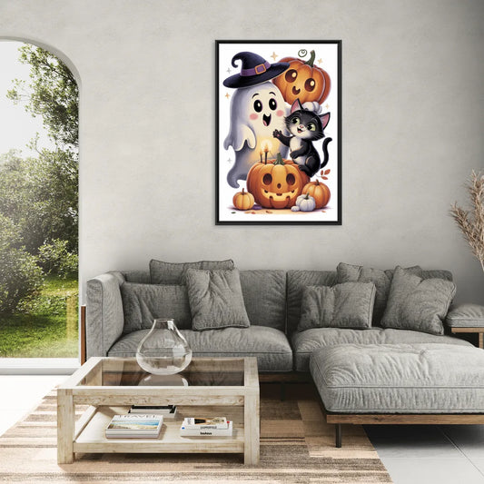 Whimsical Autumn Scene Cute Halloween - Living Room Black Frame Canvas