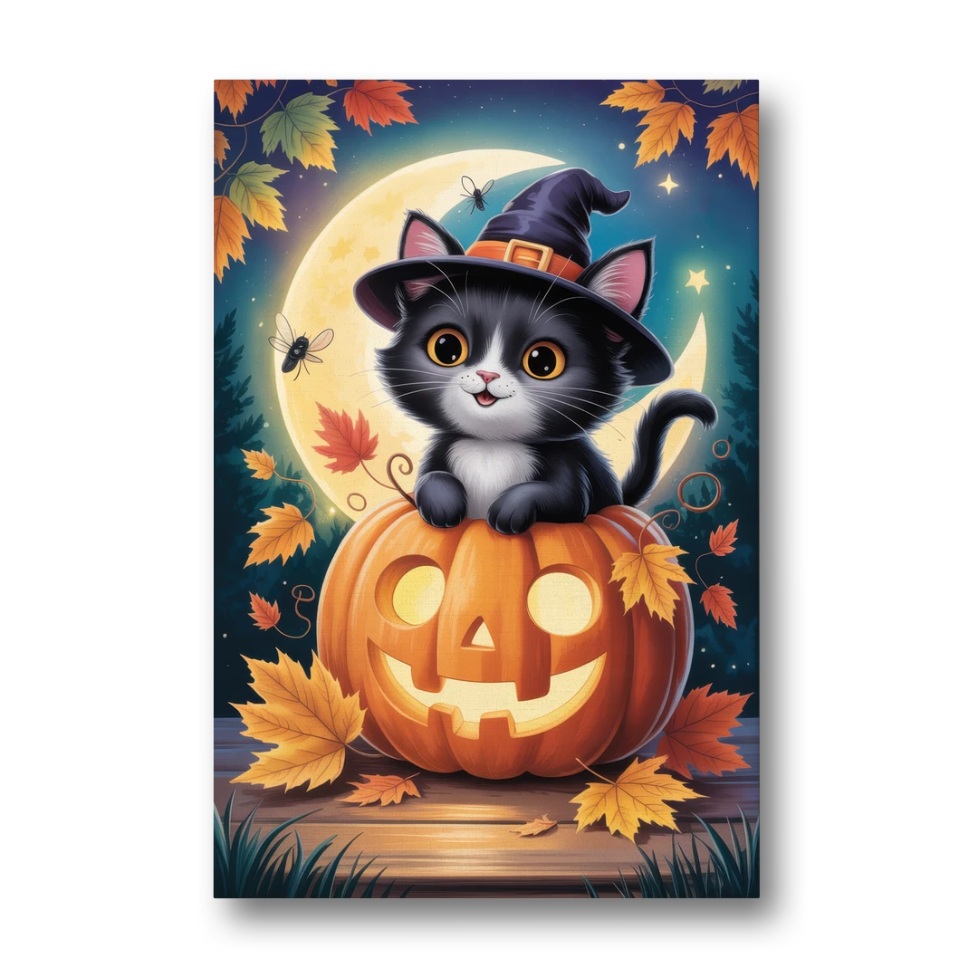 Whimsical Black Cat Cute Halloween - Canvas Wall Art - Front
