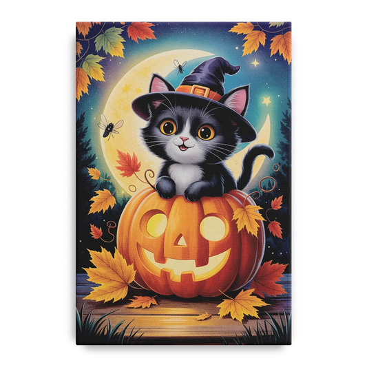 Whimsical Black Cat Cute Halloween - Canvas Wall Art