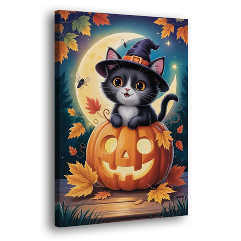 Whimsical Black Cat Cute Halloween - Canvas Wall Art