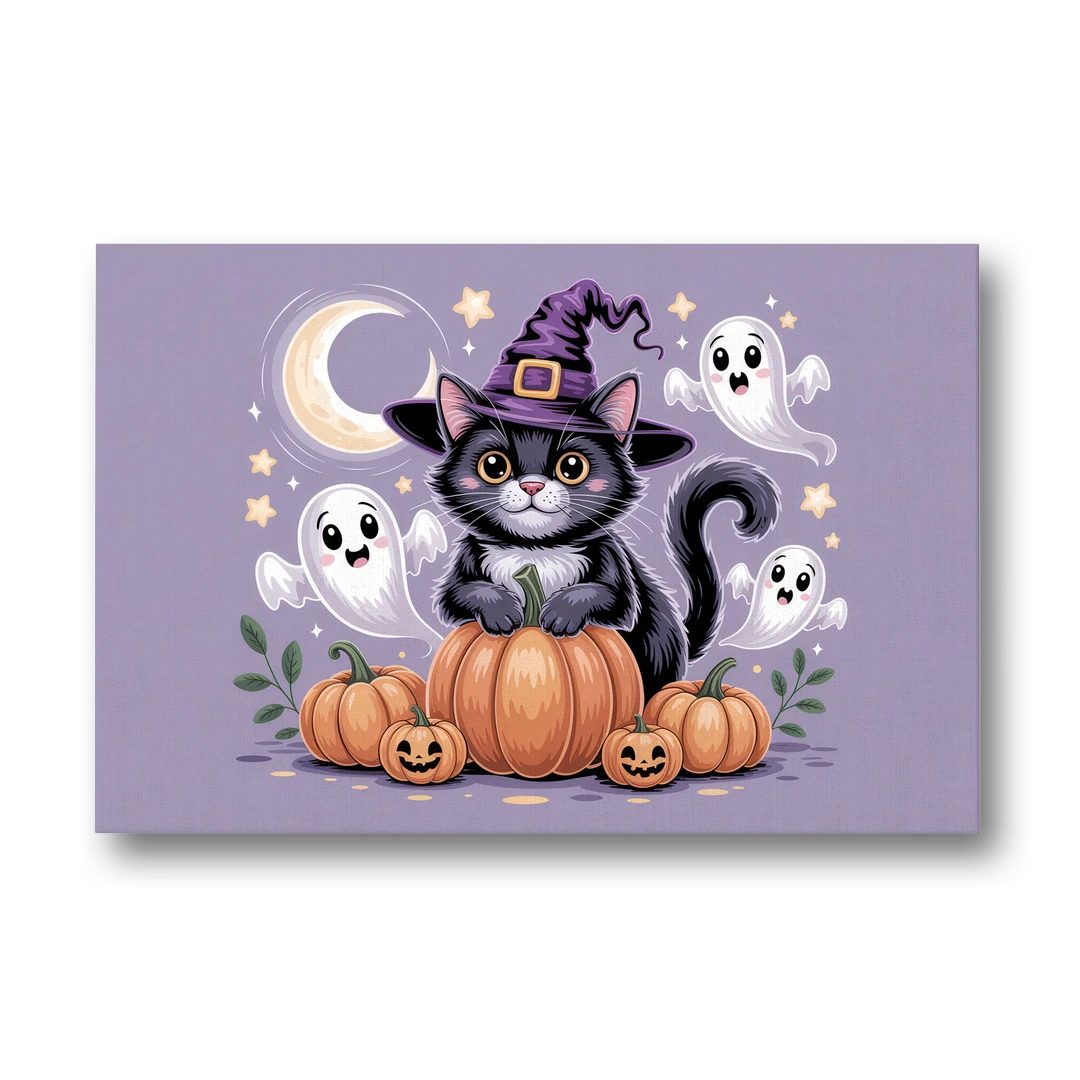 Whimsical Cat and Pumpkin Cute Halloween - Canvas Wall Art - Front