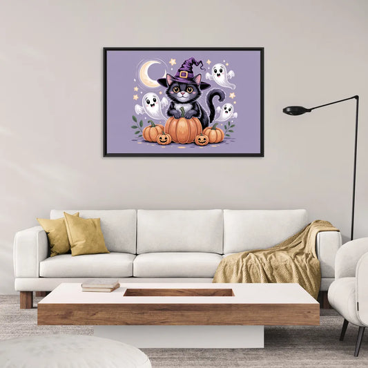 Whimsical Cat and Pumpkin Cute Halloween - Living Room Black Frame Canvas