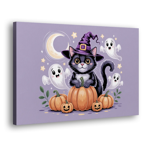 Whimsical Cat and Pumpkin Cute Halloween - Canvas Wall Art