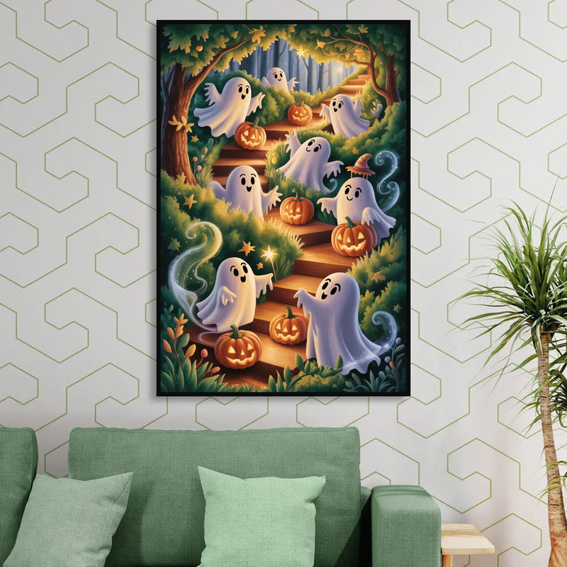 Whimsical Forest Magic Cute Halloween Sitting Room - Black Canvas Wall Art