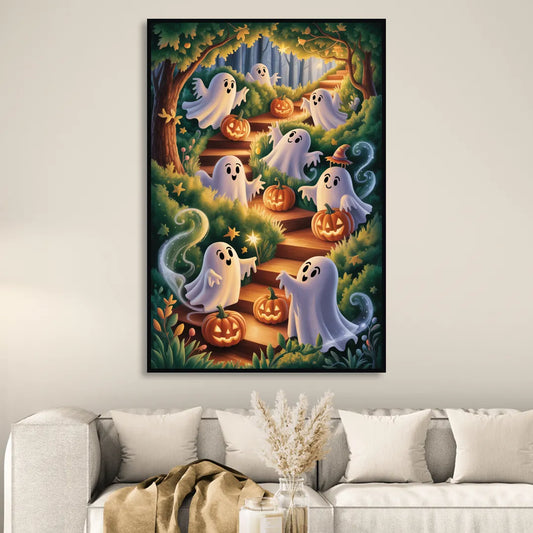 Whimsical Forest Magic Cute Halloween Living Room - Black Canvas Wall Art