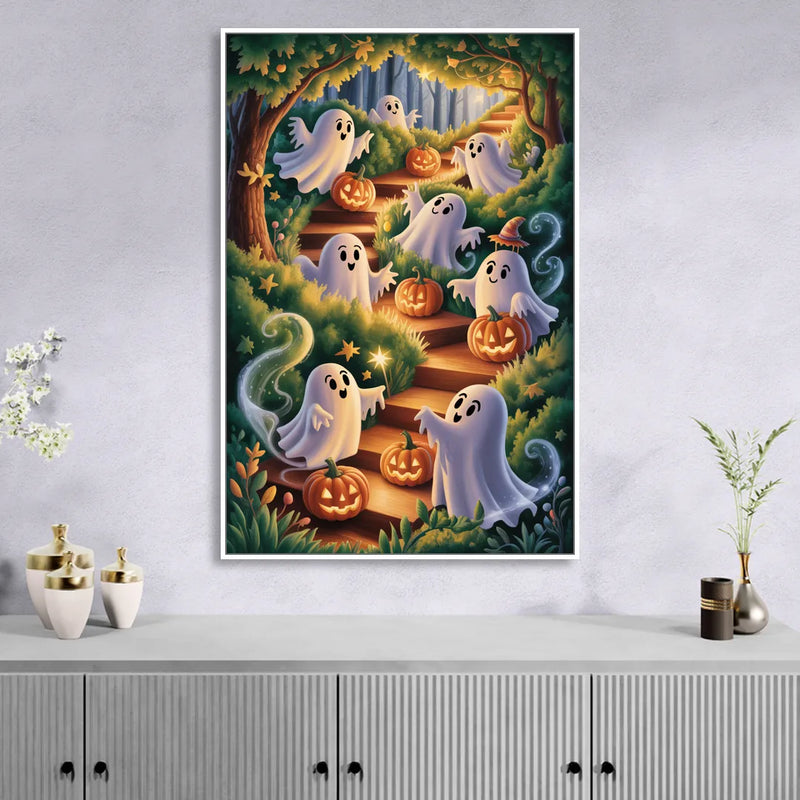 Whimsical Forest Magic Cute Halloween Living Room - White Canvas Wall Art