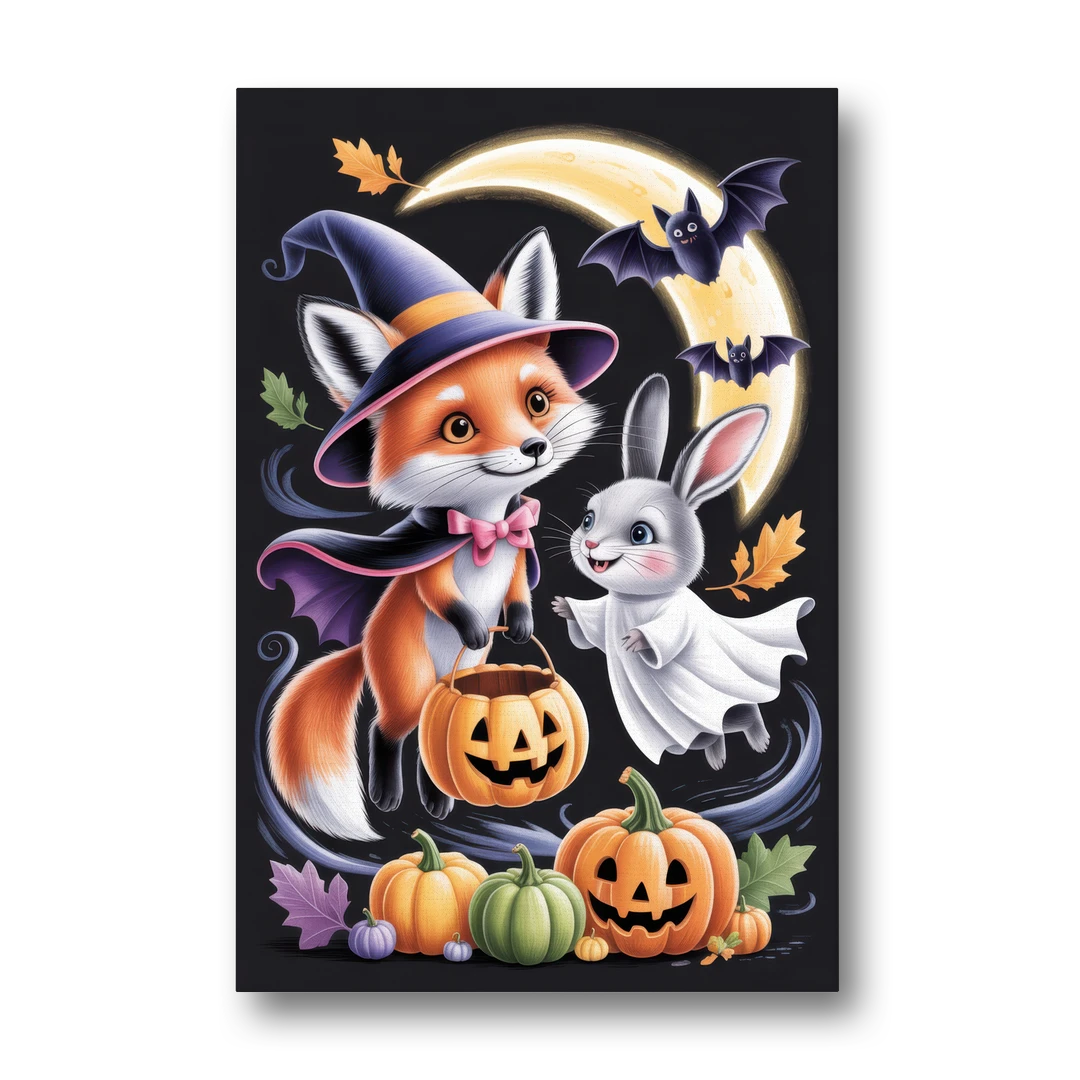 Whimsical Fox and Rabbit Cute Halloween - Canvas Wall Art - Front