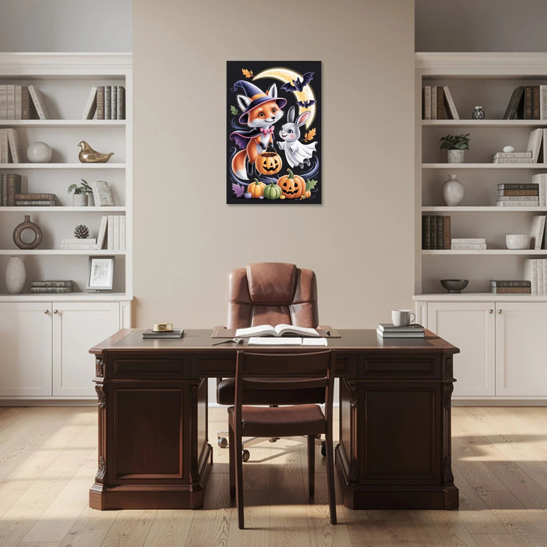 Whimsical Fox and Rabbit Cute Halloween - Canvas Wall Art - Office - 24x36