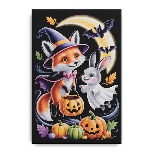 Whimsical Fox and Rabbit Cute Halloween - Canvas Wall Art