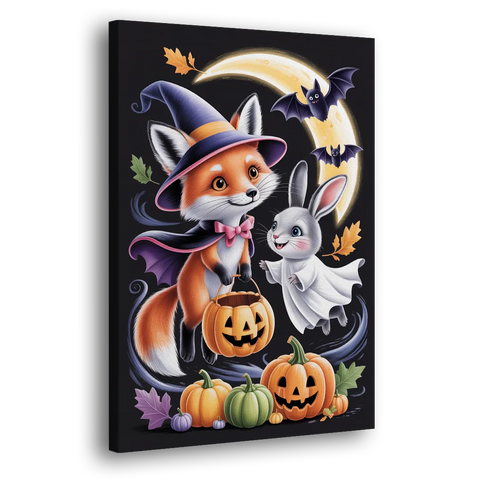 Whimsical Fox and Rabbit Cute Halloween - Canvas Wall Art