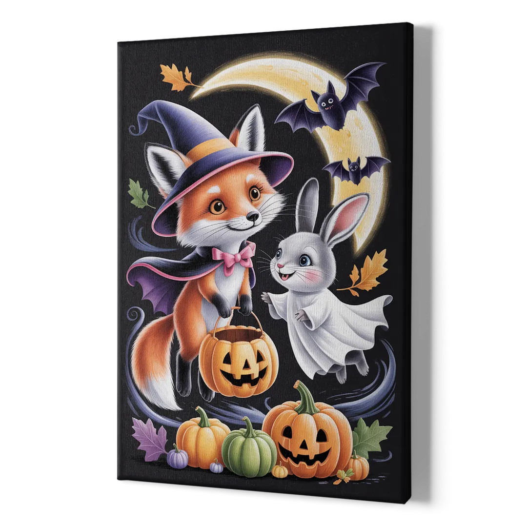 Whimsical Fox and Rabbit Cute Halloween - Canvas Print Art Sides