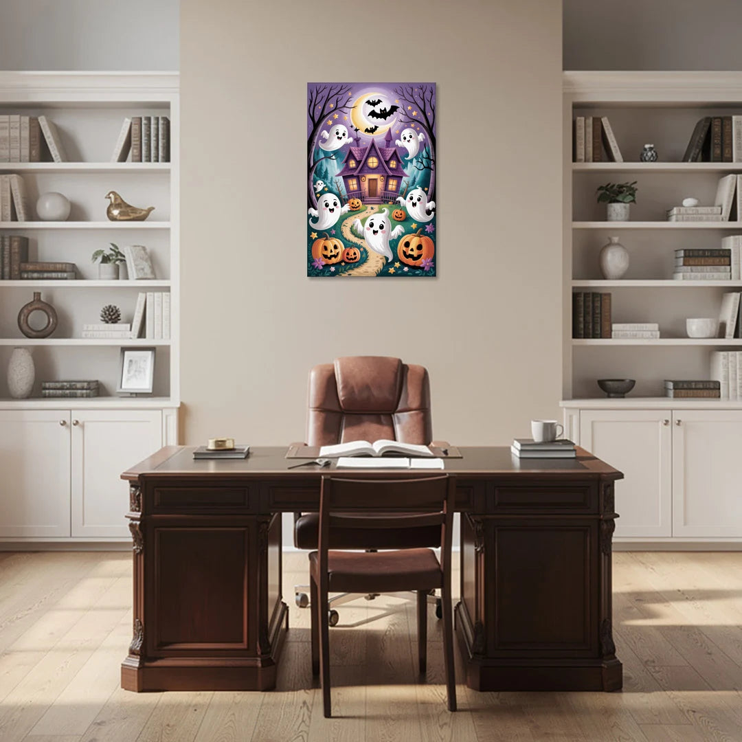 Whimsical Haunted House Cute Halloween - Canvas Wall Art - Office - 24x36