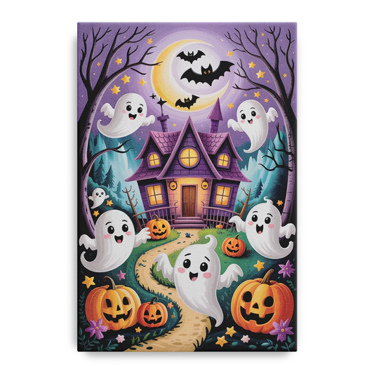 Whimsical Haunted House Cute Halloween - Canvas Wall Art