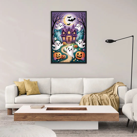 Whimsical Haunted House Cute Halloween - Living Room Black Frame Canvas