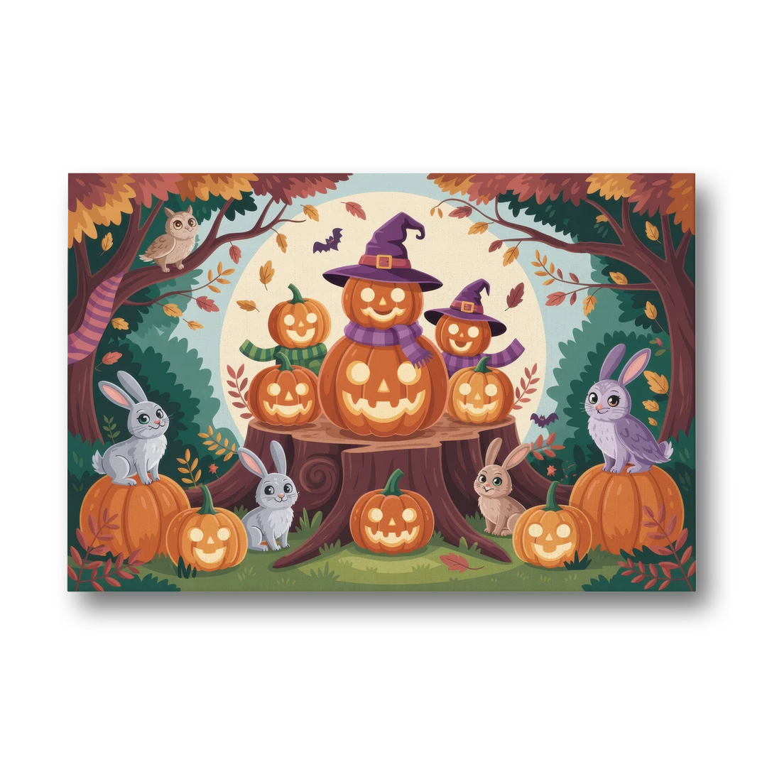 Whimsical Pumpkins Scene Cute Halloween - Canvas Wall Art - Front