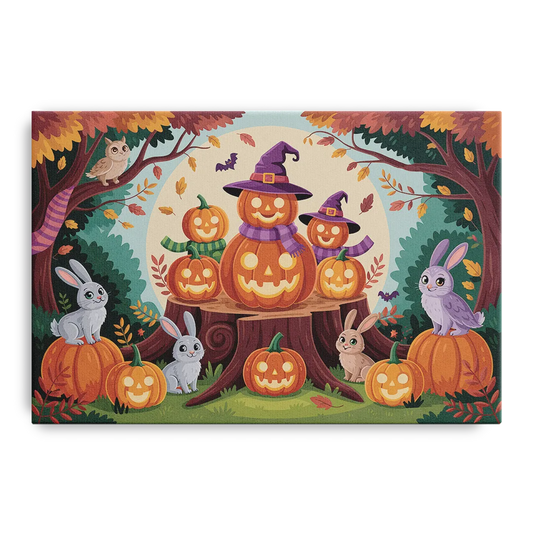 Whimsical Pumpkins Scene Cute Halloween - Canvas Wall Art