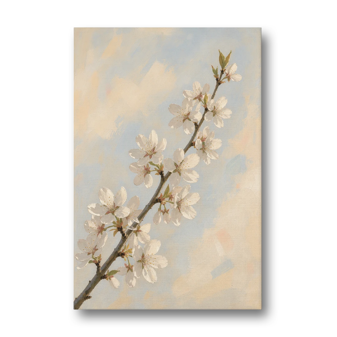 White Cherry Blossom Branch in Morning Light - Canvas Wall Art - Front