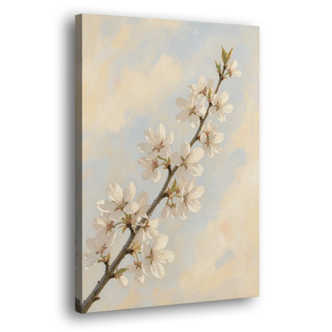 Impressionist White Cherry Blossom Branch in Morning Light - Canvas Wall Art