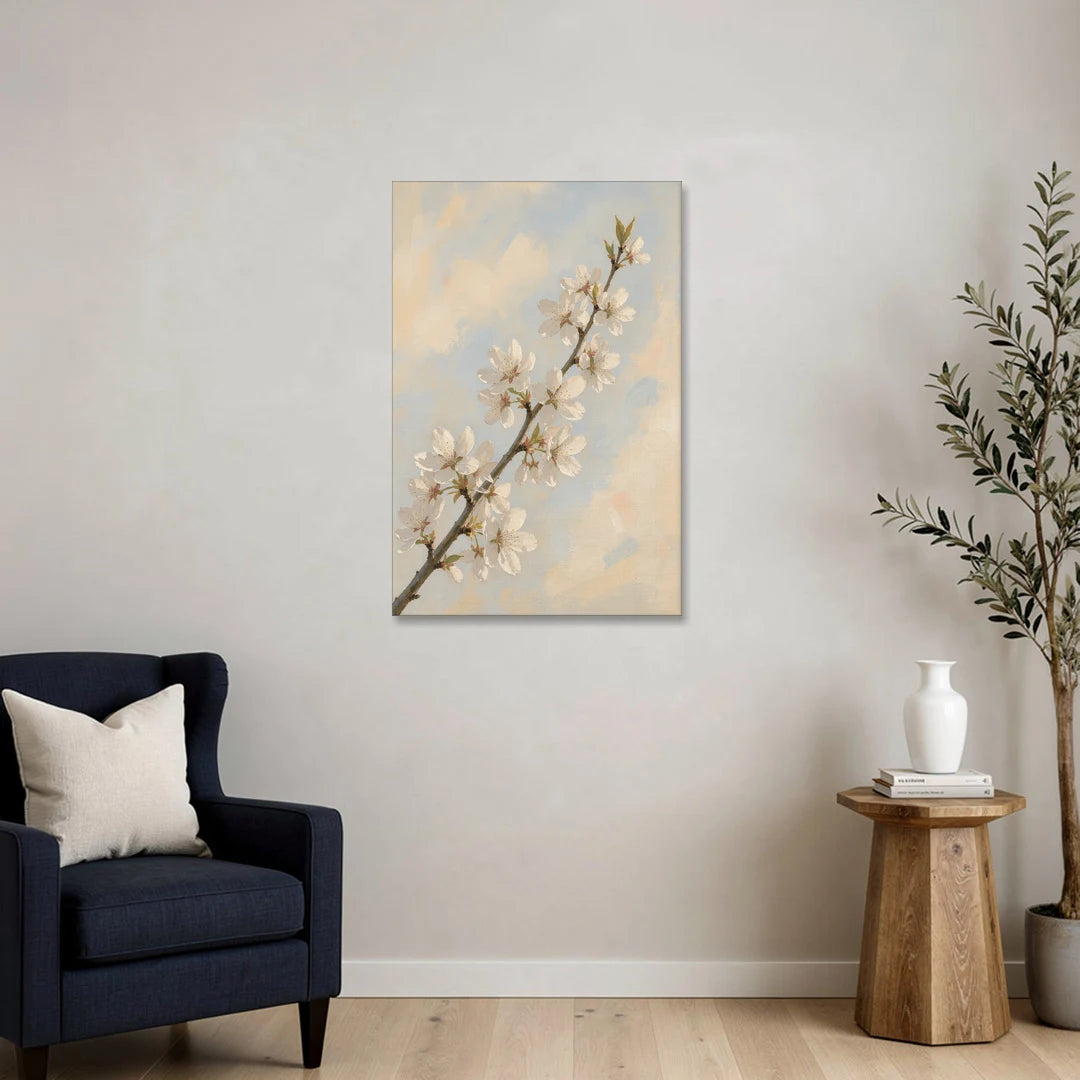 White Cherry Blossom Branch in Morning Light - Canvas Wall Art - Sofa - 24x36