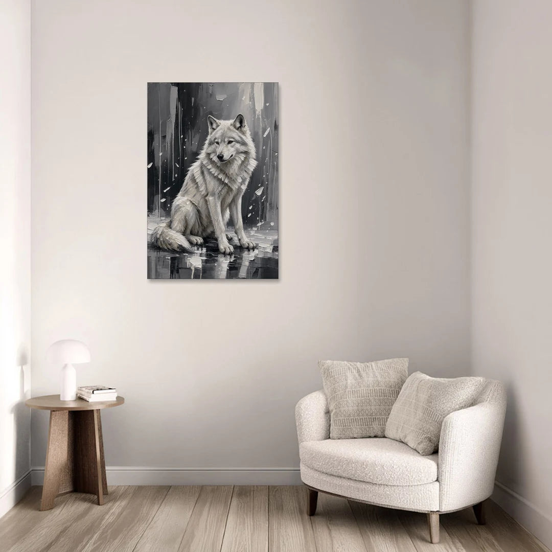 White Wolf Canvas in Falling Snow - Canvas Wall Art - Sofa - 24x36