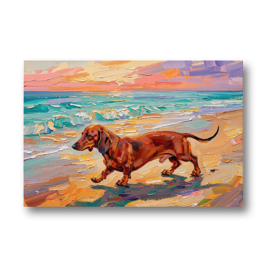 Wiener Dog Painting Sunset Beach Trot - Canvas Wall Art - Front