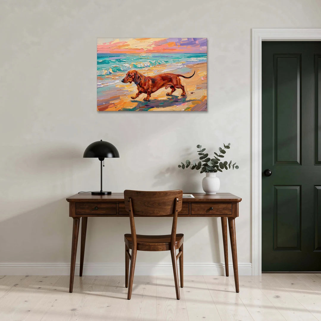 Wiener Dog Painting Sunset Beach Trot - Canvas Wall Art - Office - 36x24