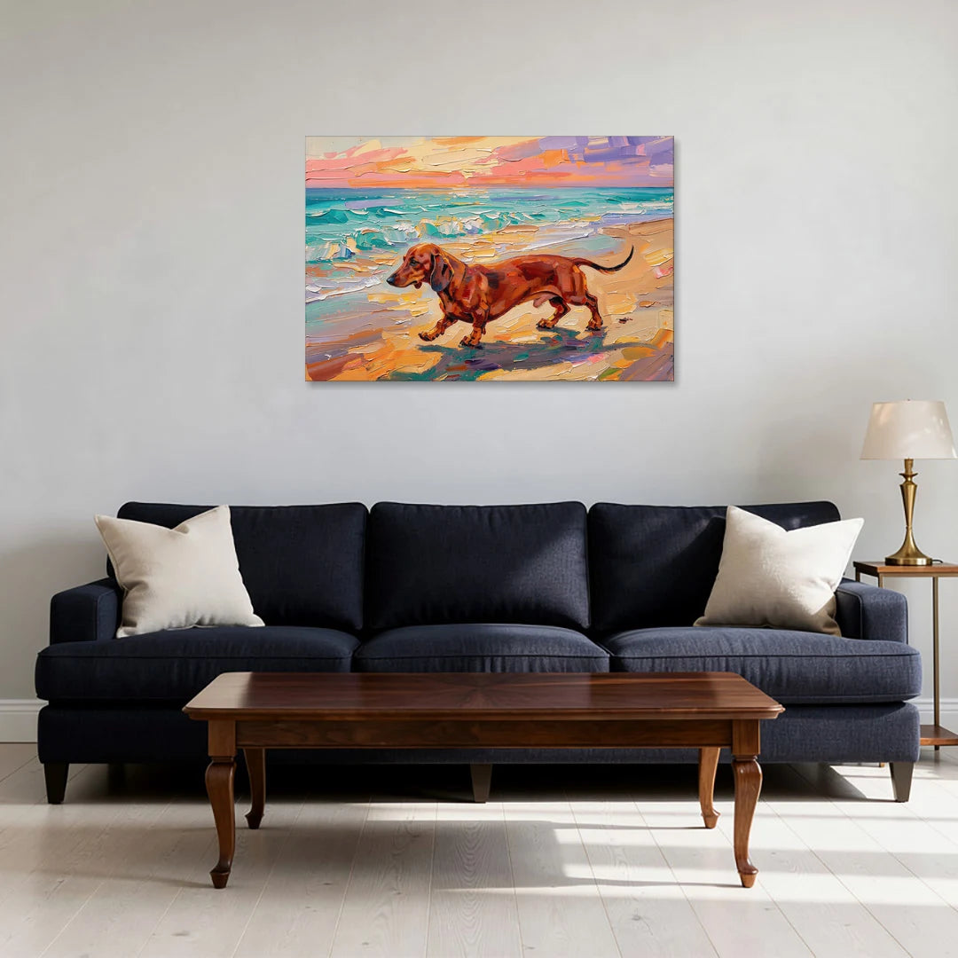 Wiener Dog Painting Sunset Beach Trot - Canvas Wall Art - Sofa - 36x24