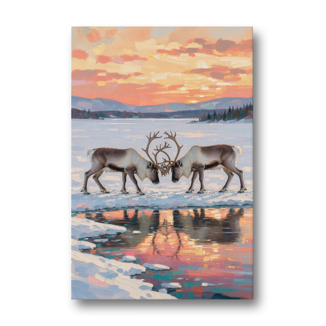 Winter Animal Painting of Sparring Reindeer - Canvas Wall Art - Front
