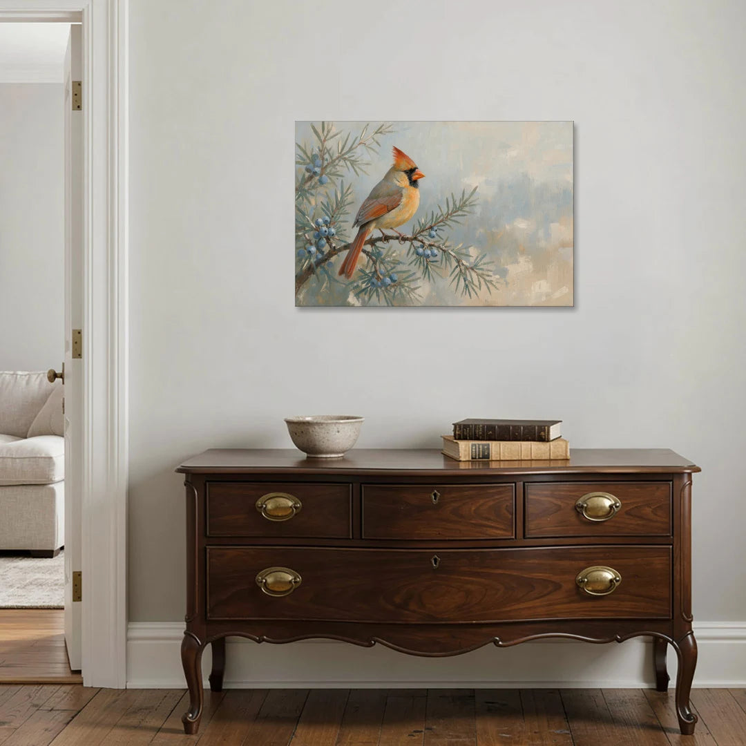 Winter Bird Painting with Juniper Berries - Canvas Wall Art - Coffee Table - 36x24