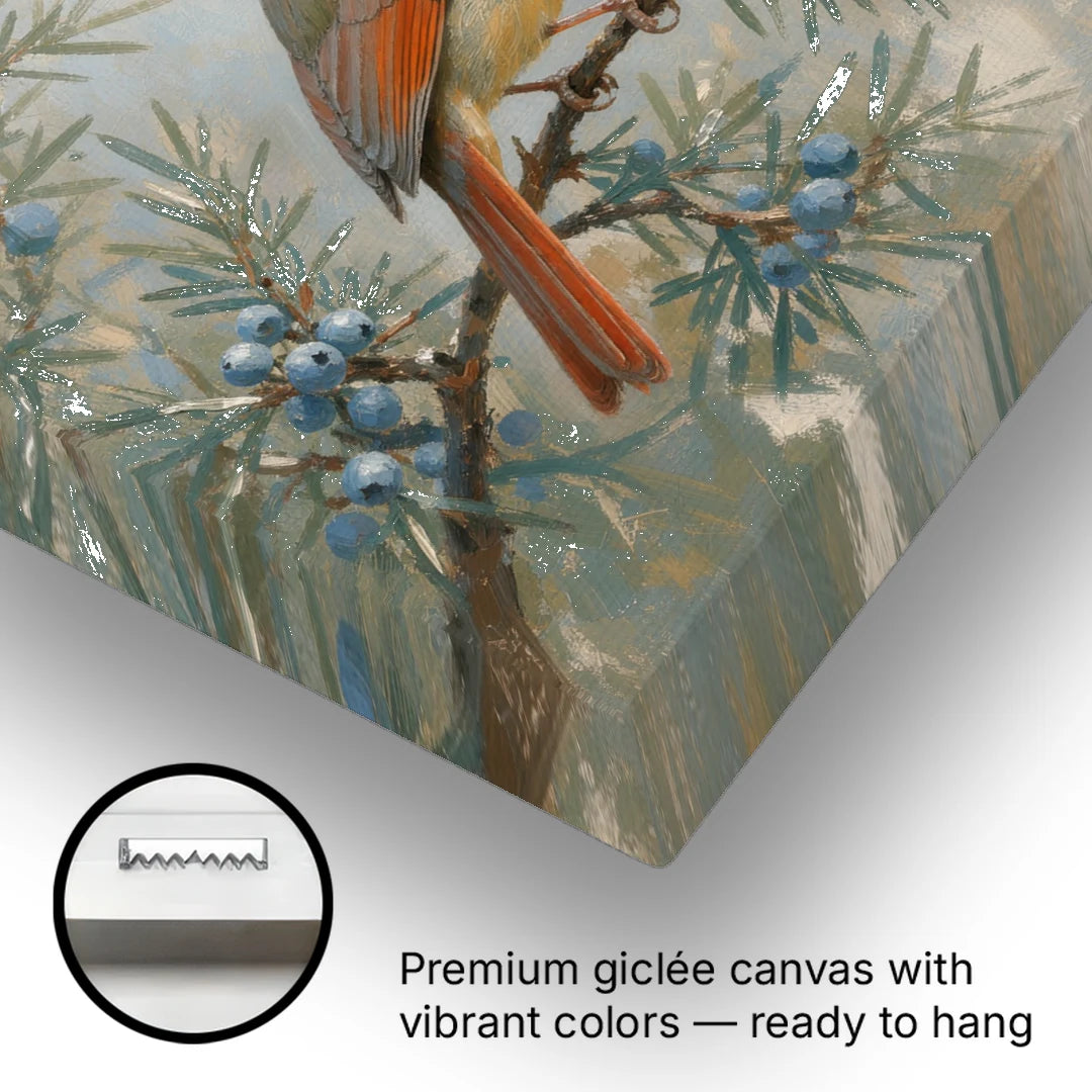 Winter Bird Painting with Juniper Berries - Canvas Wall Art - Gallery Wrap Corner