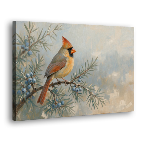 Winter Bird Painting with Juniper Berries - Canvas Wall Art