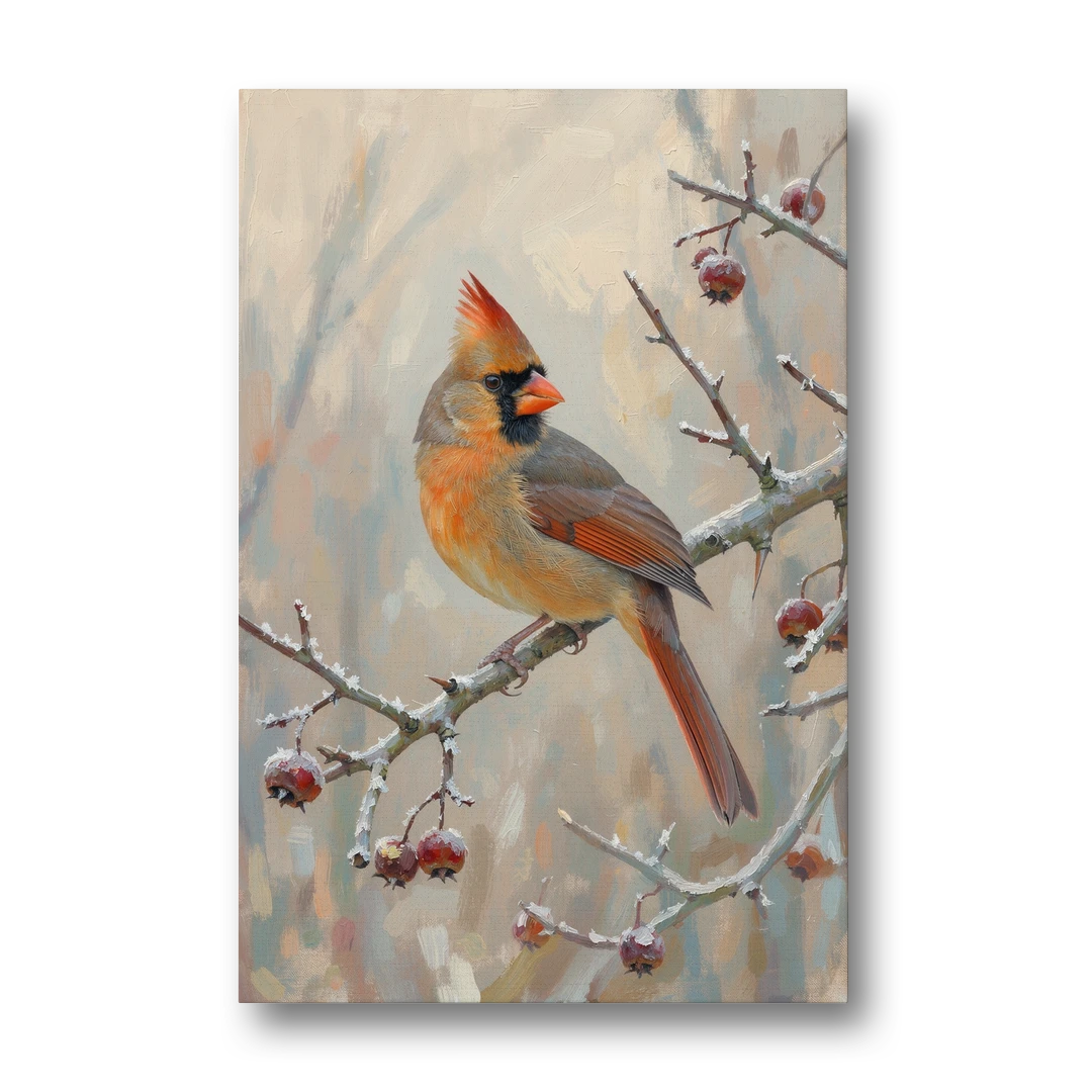 Winter Painting Canvas Cardinal on Frosted Hawthorn - Canvas Wall Art - Front